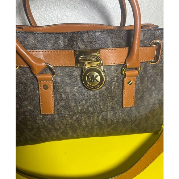 Michael Kors Hamilton Brown Monogram Logo Large Satchel Tote Bag Gold Hardware - Picture 2 of 11